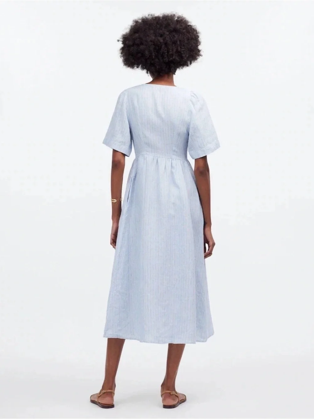 Madewell Cassie Button-Front Midi Dress in Linen Powder Blu Stripe SZ M - Picture 2 of 5